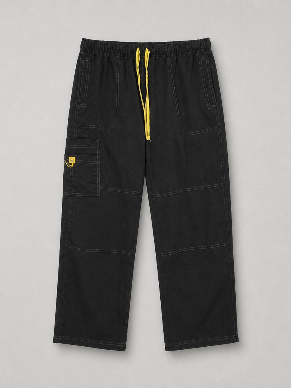 Men's Black Cargo Pants with Yellow Drawcord